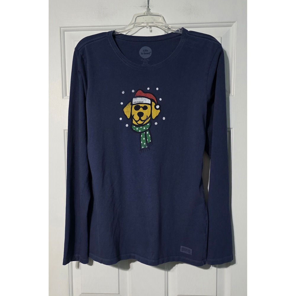 Life is Good Crusher Tee Navy Blue Long Sleeve Christmas Dog Graphic Shirt Large